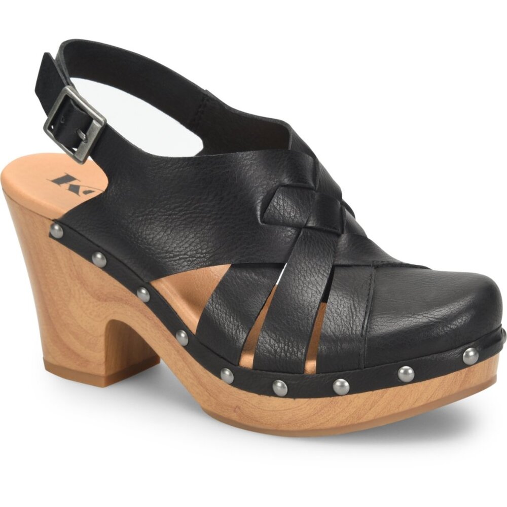 KORKS KORKS Womens Leather Woven Slingback Buckle Wood Block Heels
